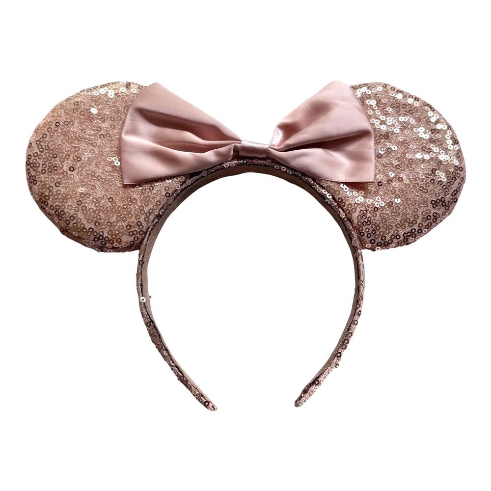 Disney Minnie Mickey Mouse EARS HEADBAND Gold Natural Sequin Satin Bow Adult